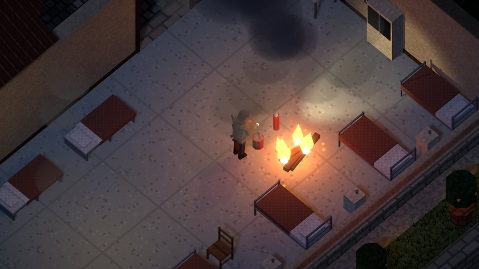 The commander beating down a fire in the infirmary, burning timbers fallen under the hole in the roof.