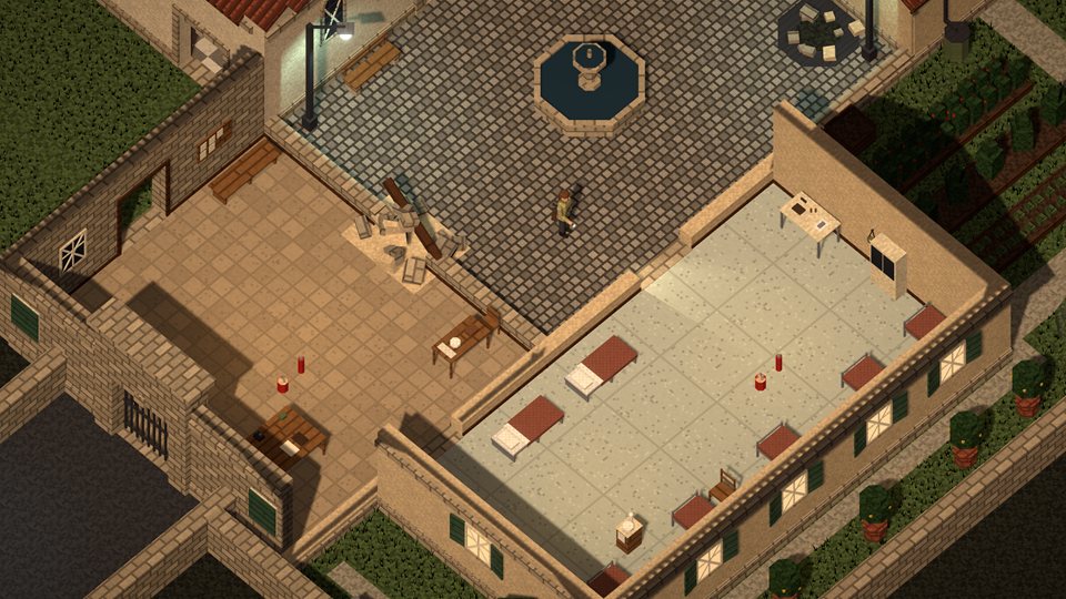 The courtyard and the infirmary lit by a blast, rubble fallen across the gatehouse doorway.